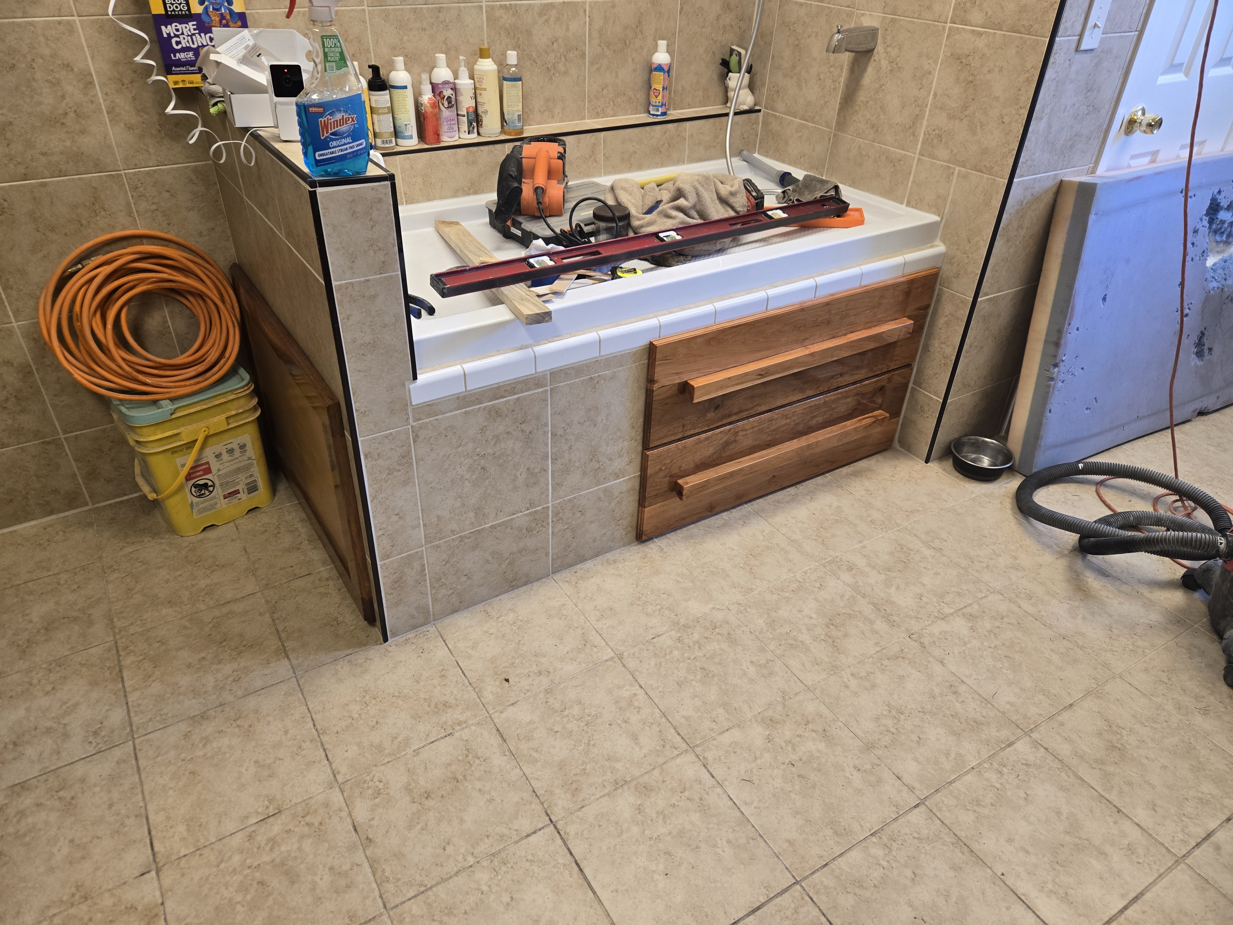 Cherry wood cabinets.